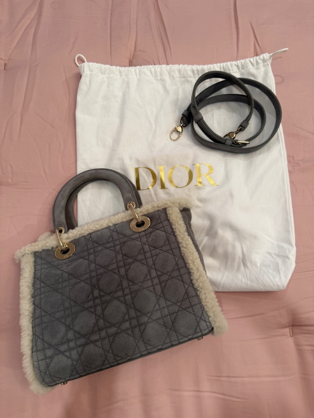 Dior Gray Quilted Shearling-Trim Lady Satchel